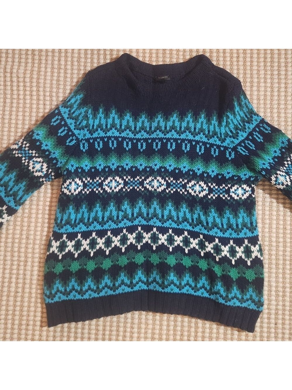 Talbots Petite Women's Navy and Teal Patterned Crewneck Fairisle Winter Sweater